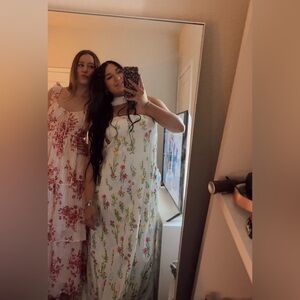 Show Me Your MuMu White Strapless Floral Maxi Dress with Pink & Green Accents